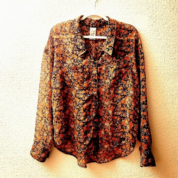 Free People, Floral Autumn Collared Blouse, Size M, Slightly Sheer - Picture 2 of 8